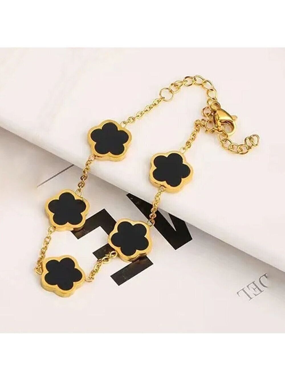 18K Gold Plated Clover Bracelet with Black Enamel
